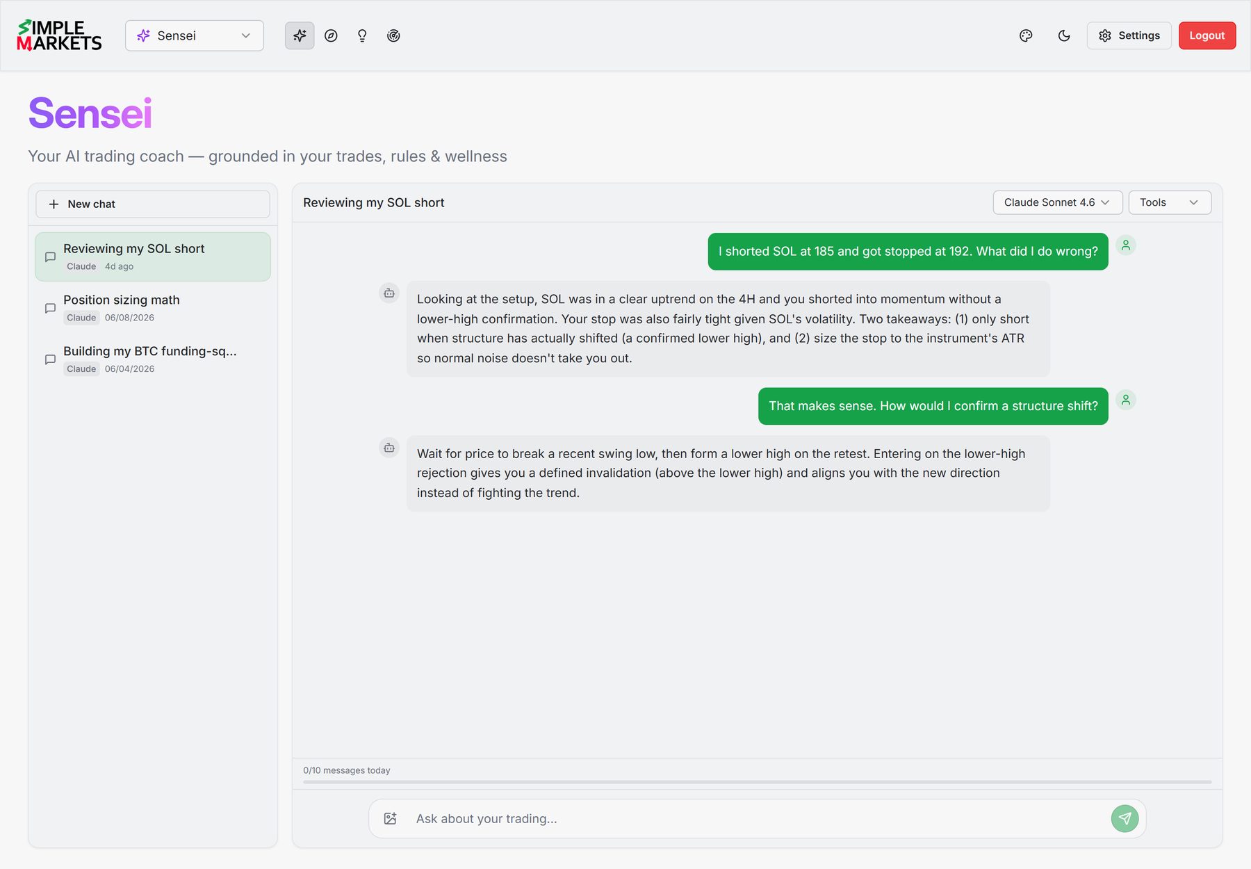 AI Coach — Grounded in Your Real Trades — shown in the SimpleMarkets app