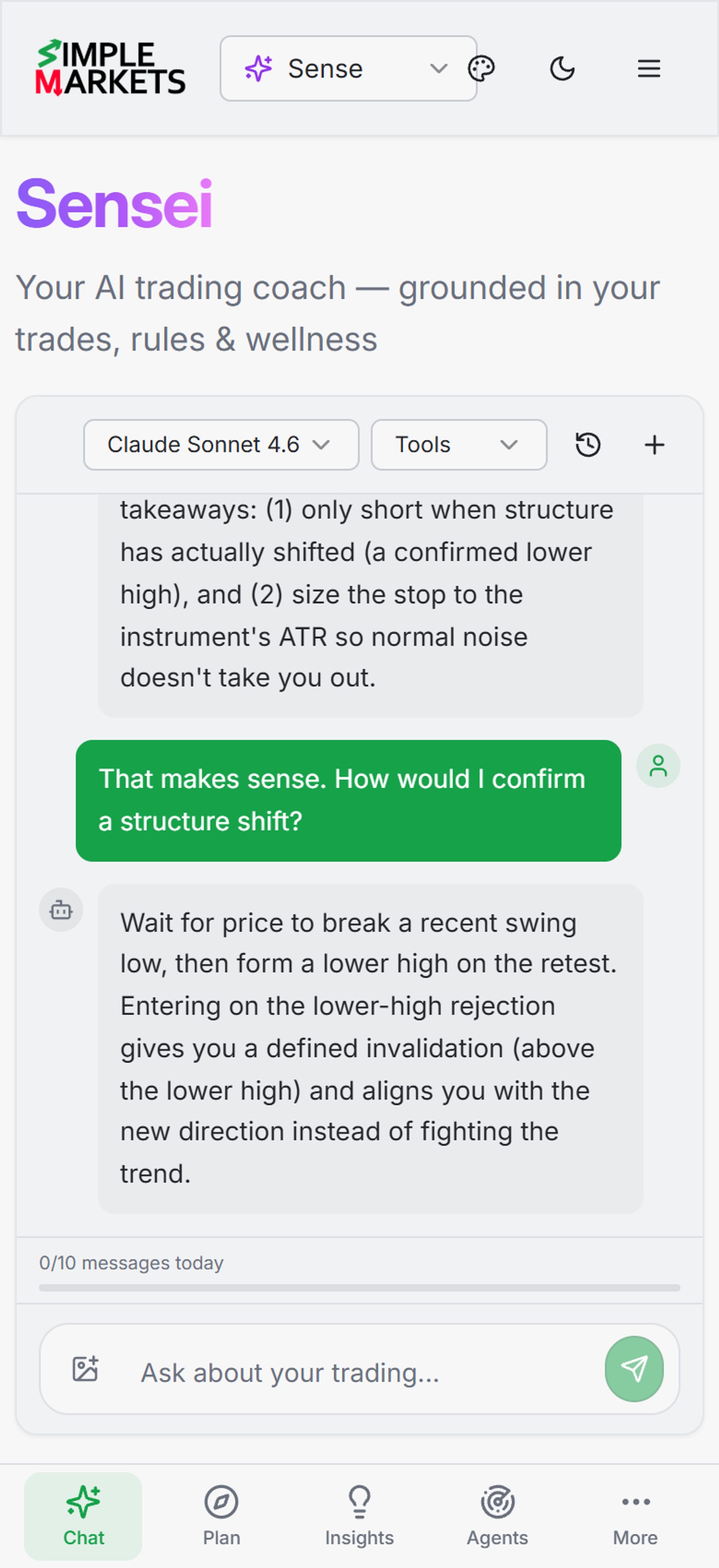 Sensei AI trading coach chat interface offering to analyze recent trades, check trading rules and review wellness