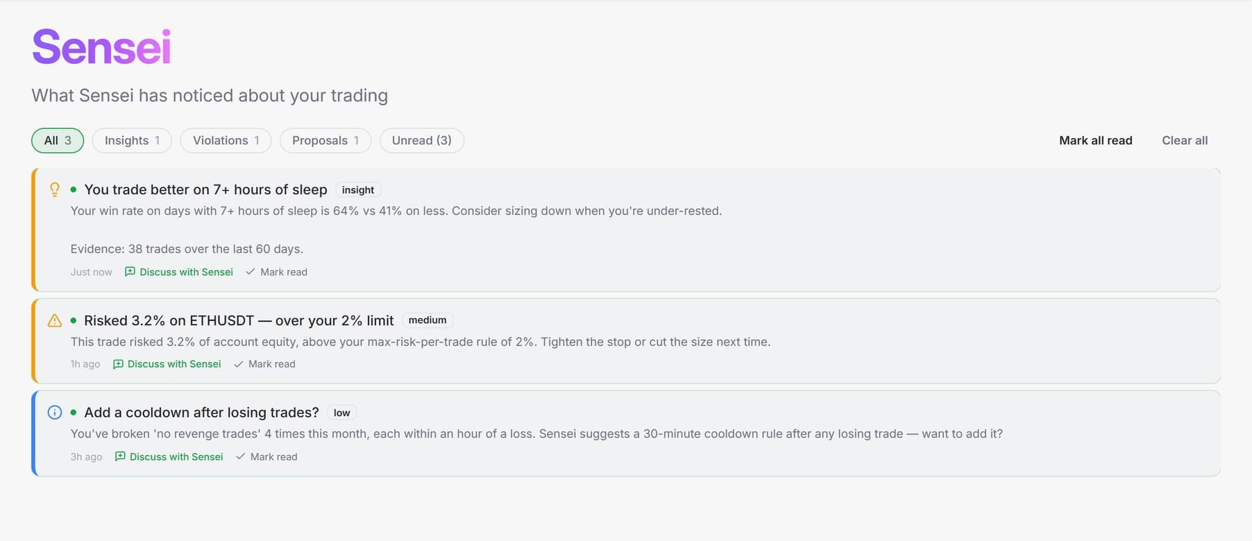 AI Insights coaching inbox — behavioural insights, rule-violation alerts and rule-refinement proposals surfaced by Sensei, filterable by type with unread tracking