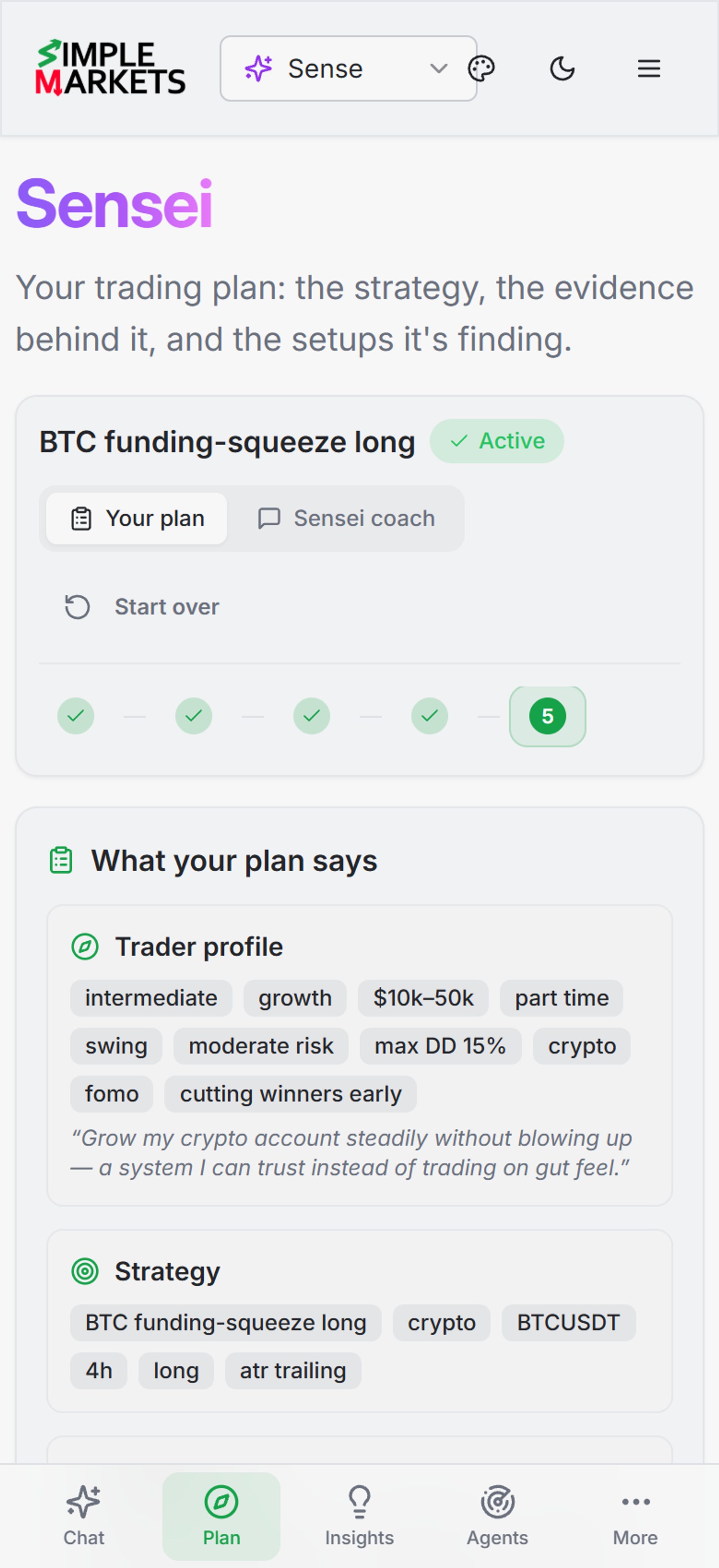 AI Trading Plan builder — a five-step guided flow (Discover, Strategy, Validate, Rules, Activate) where an AI coach helps you turn how you want to trade into a concrete, backtested strategy
