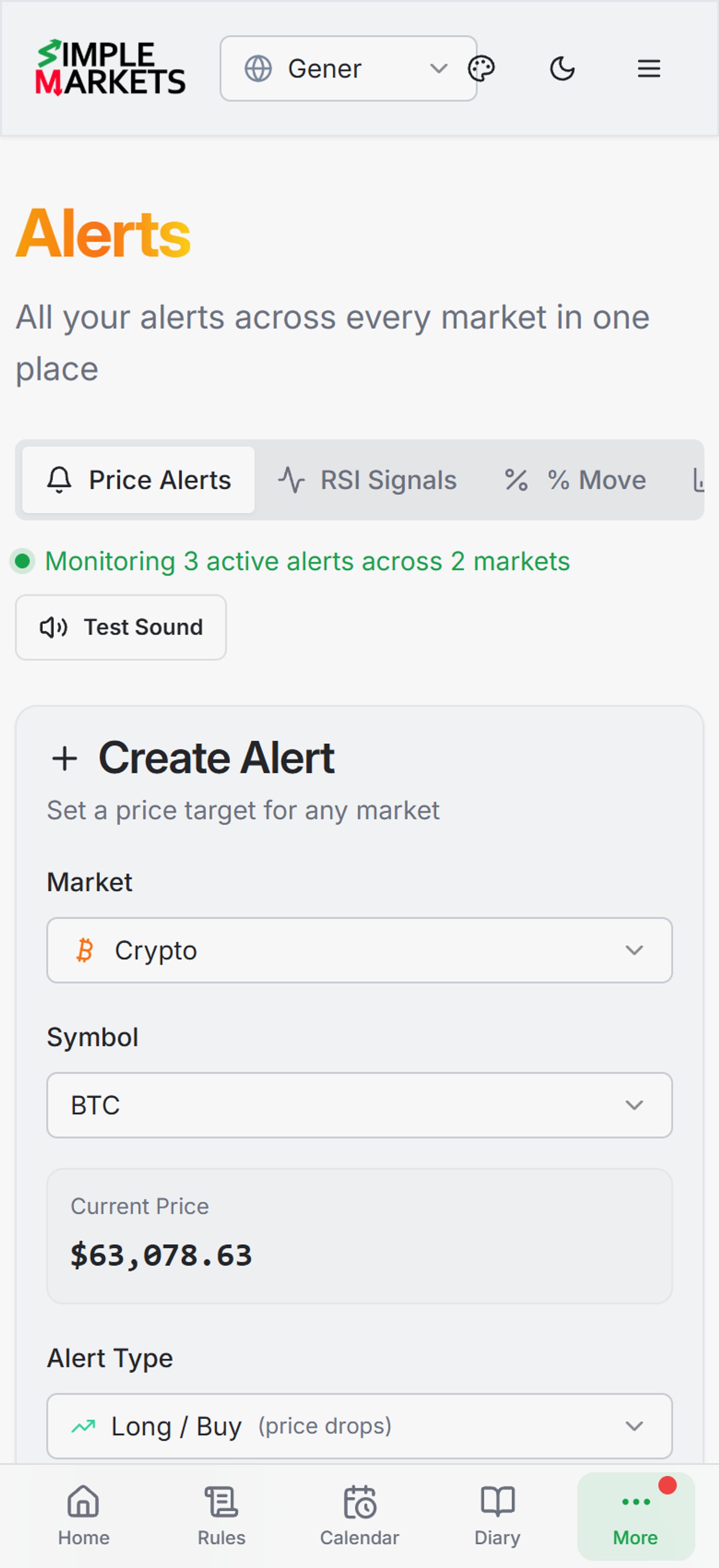Alerts page showing RSI signal setup across price, volume, MA cross, MACD, funding and volatility alert types