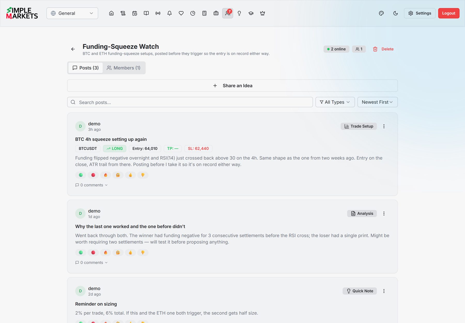 Coworking — private trading rooms where a small group shares setups and reviews each other's trades, with member roles and outcome tracking