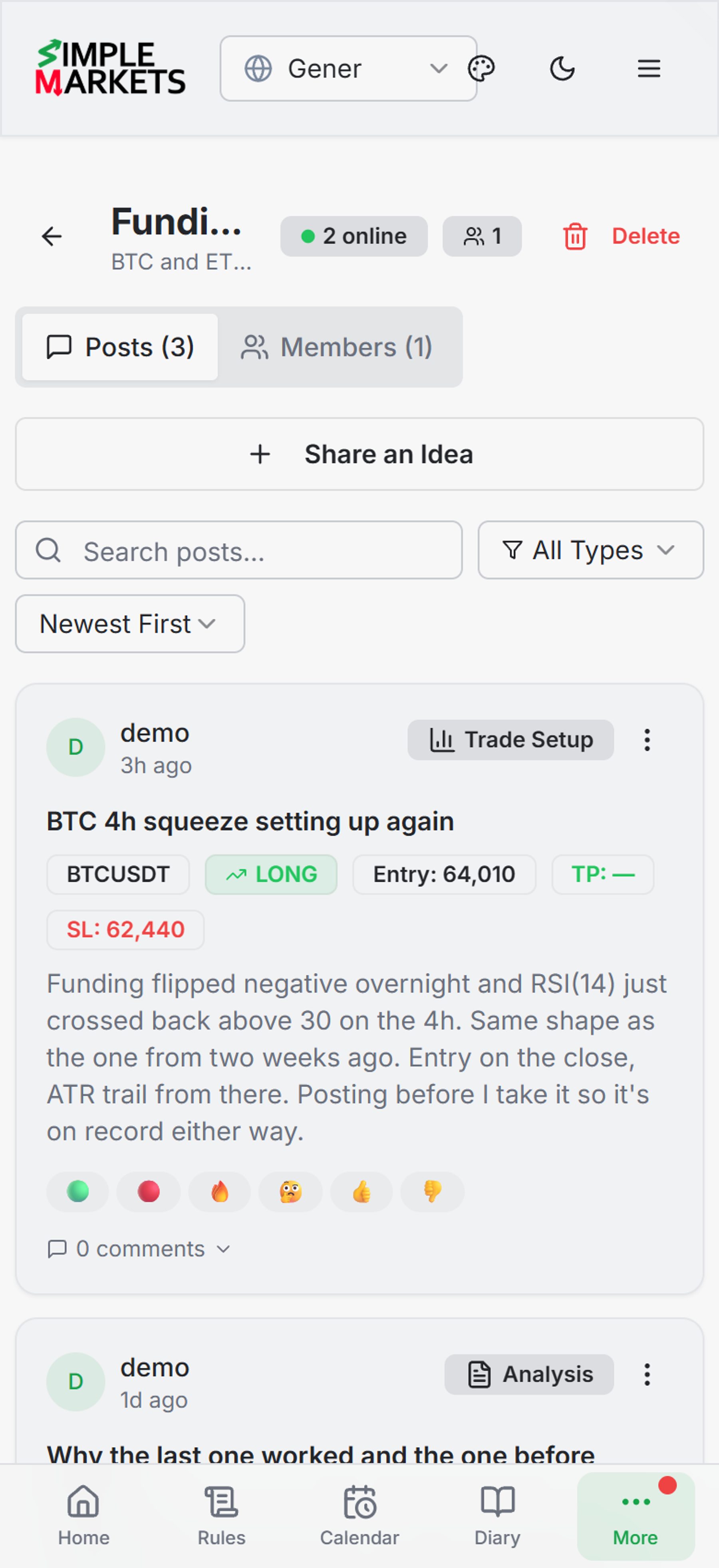 Coworking — private trading rooms where a small group shares setups and reviews each other's trades, with member roles and outcome tracking