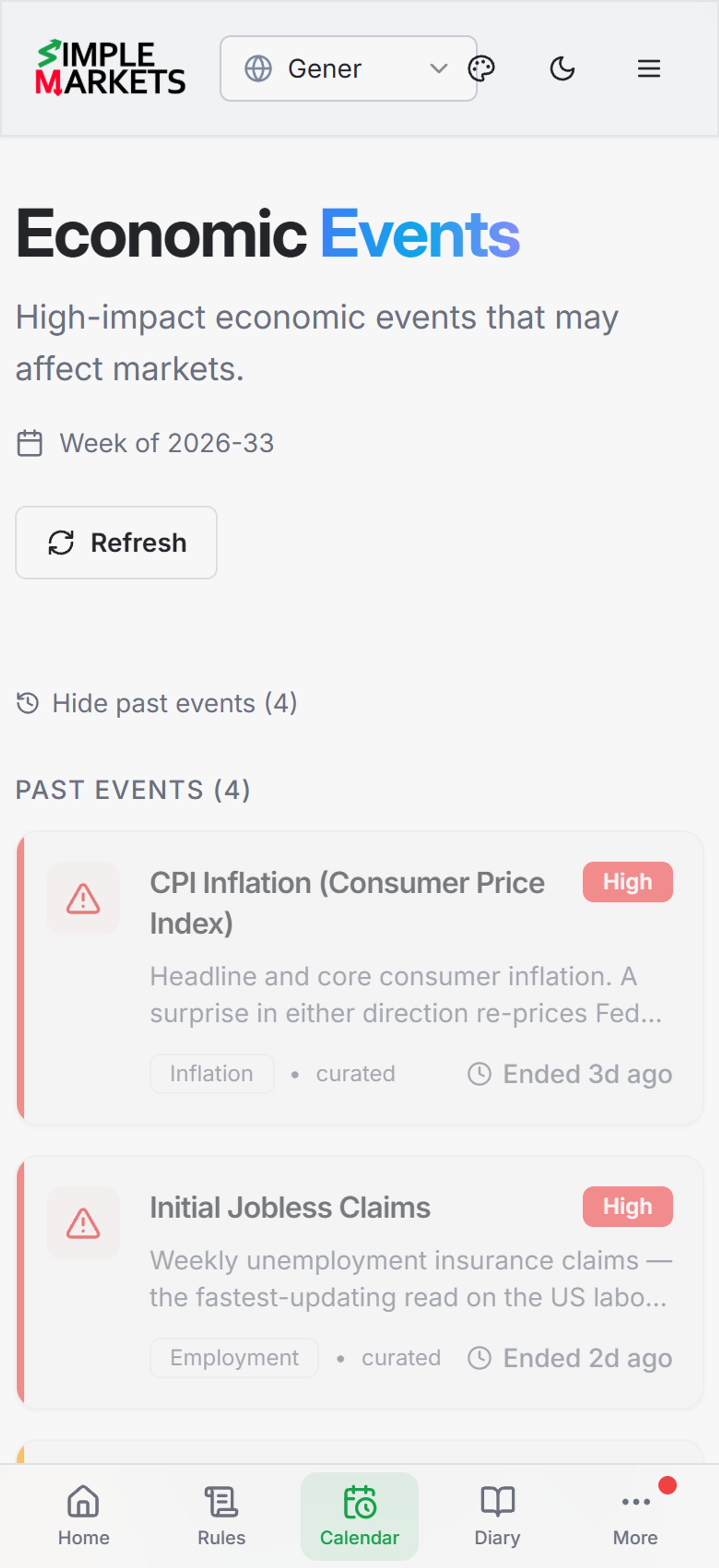 Economic Calendar showing high-impact market events such as FOMC decisions with impact ratings and timing
