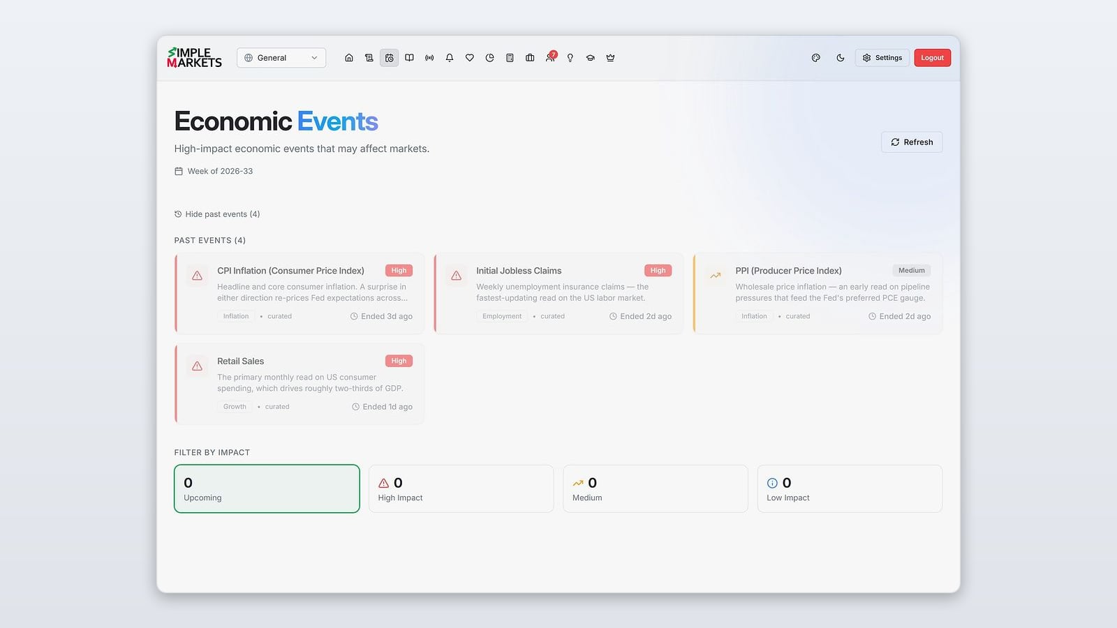 Economic Calendar in the SimpleMarkets app