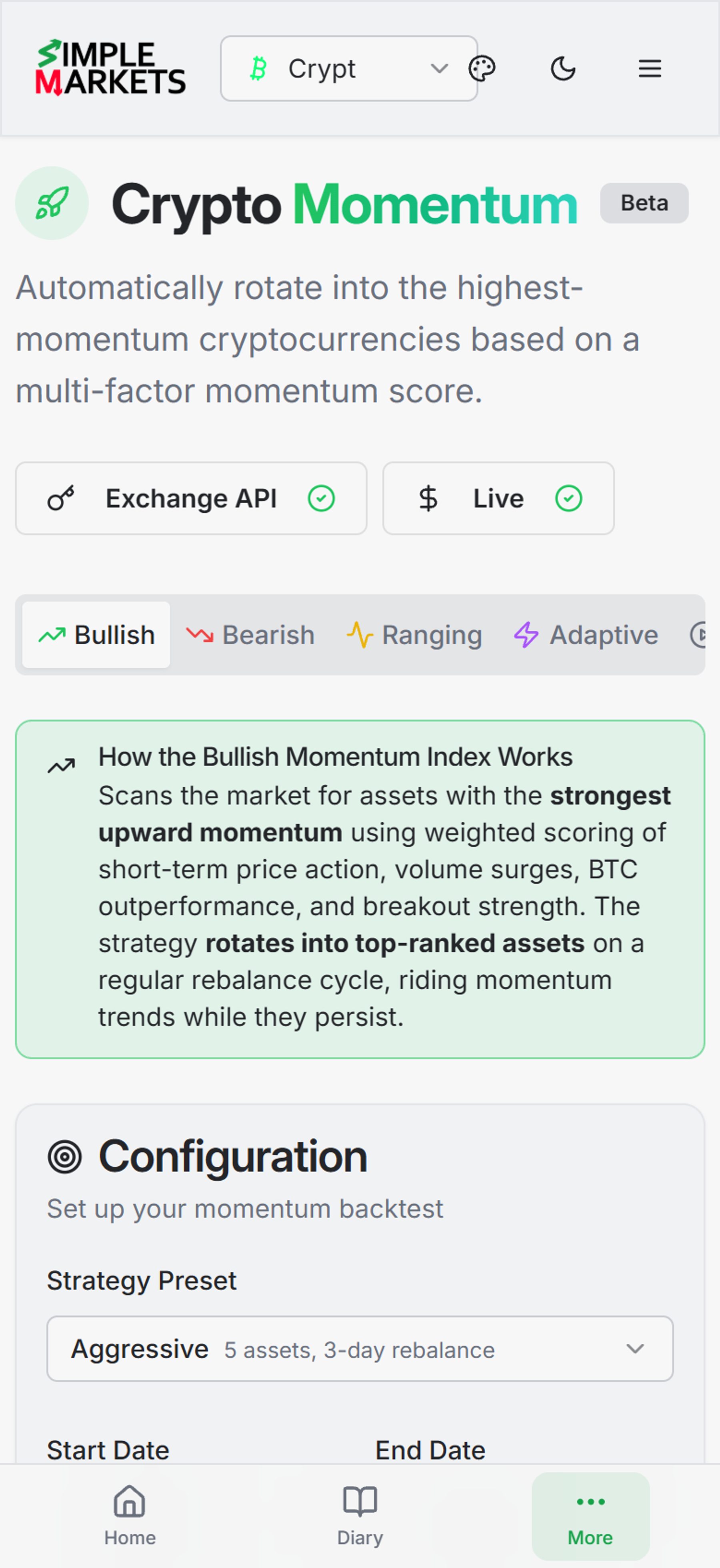 Crypto Momentum bot ranking cryptocurrencies by a multi-factor momentum score, with strategy configuration and candidate scoring