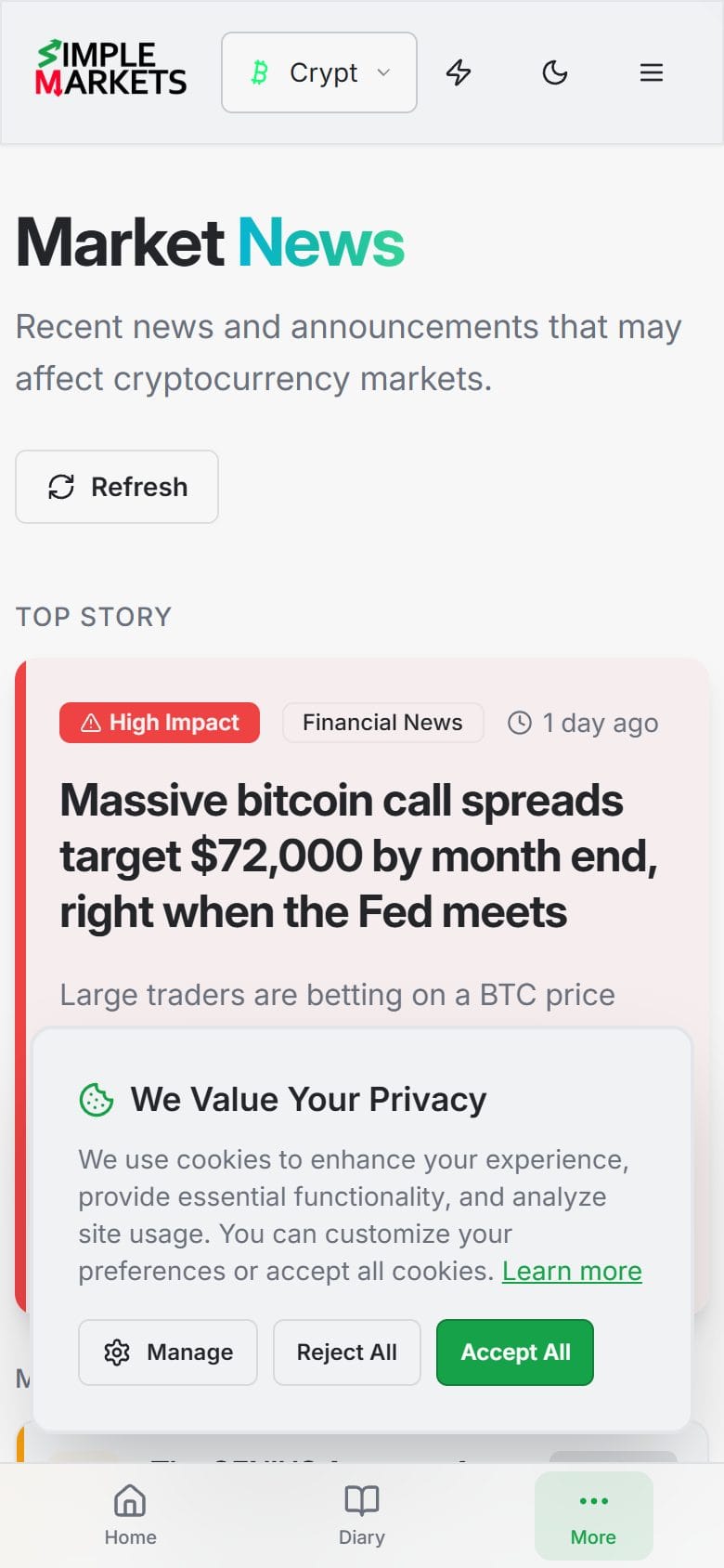 Market News feed with a high-impact top story and a grid of recent crypto news articles labelled by impact level and source