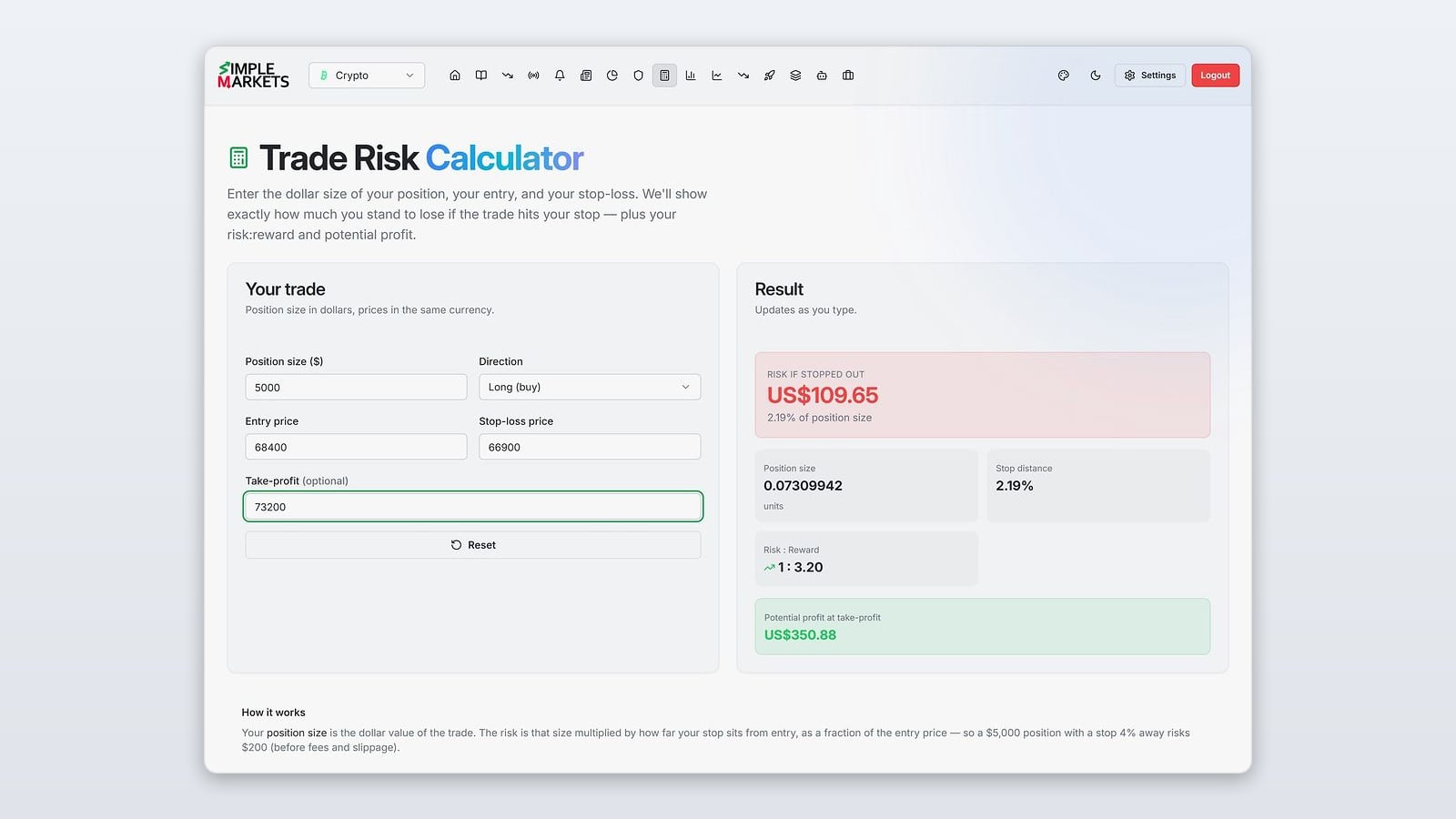 Risk Calculator in the SimpleMarkets app