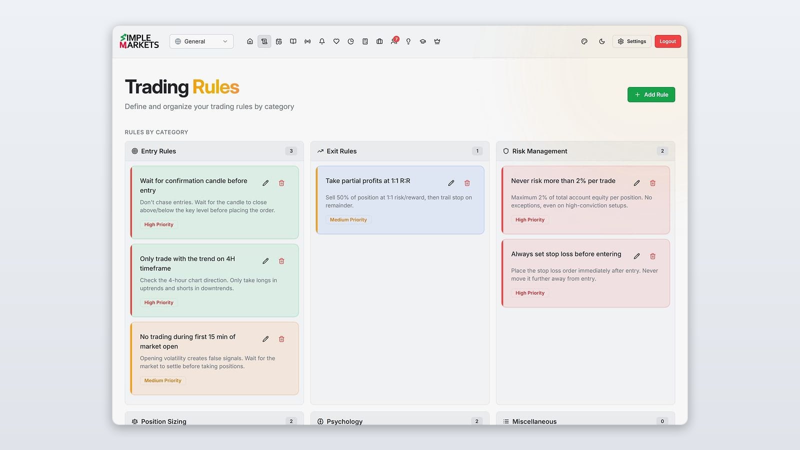 Trading Rules in the SimpleMarkets app