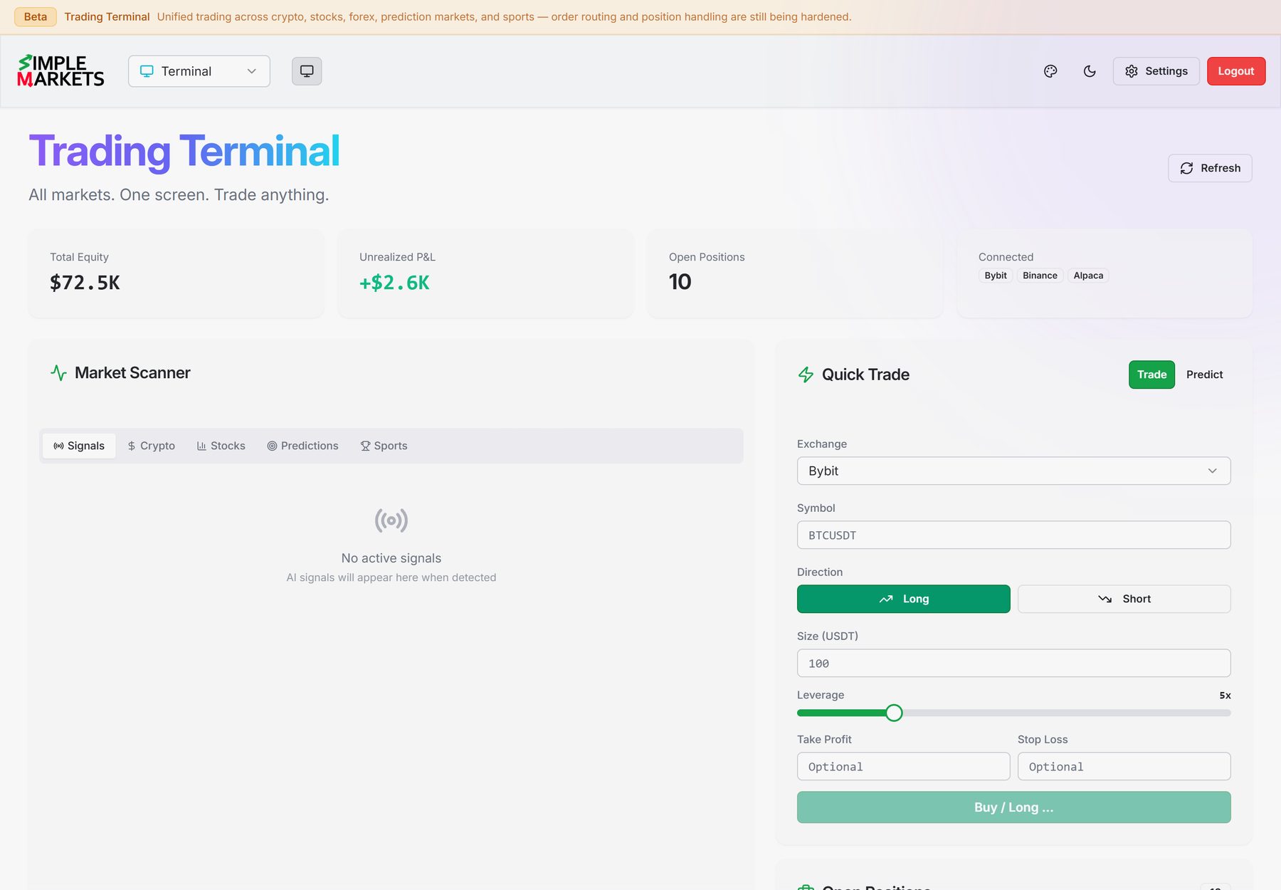 Trading Terminal — total equity, unrealized P&L and open positions across connected Bybit, Binance and Alpaca accounts, a built-in market scanner and a one-click quick-trade ticket