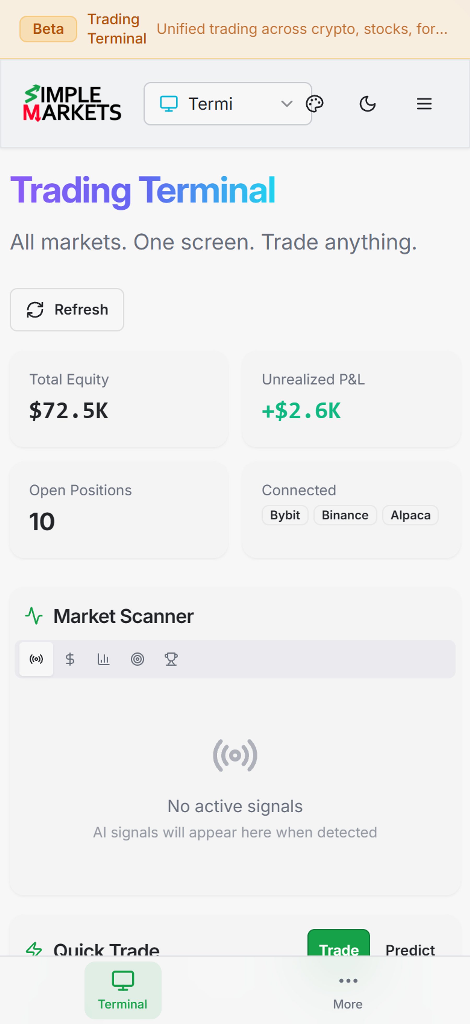 Trading Terminal — total equity, unrealized P&L and open positions across connected Bybit, Binance and Alpaca accounts, a built-in market scanner and a one-click quick-trade ticket