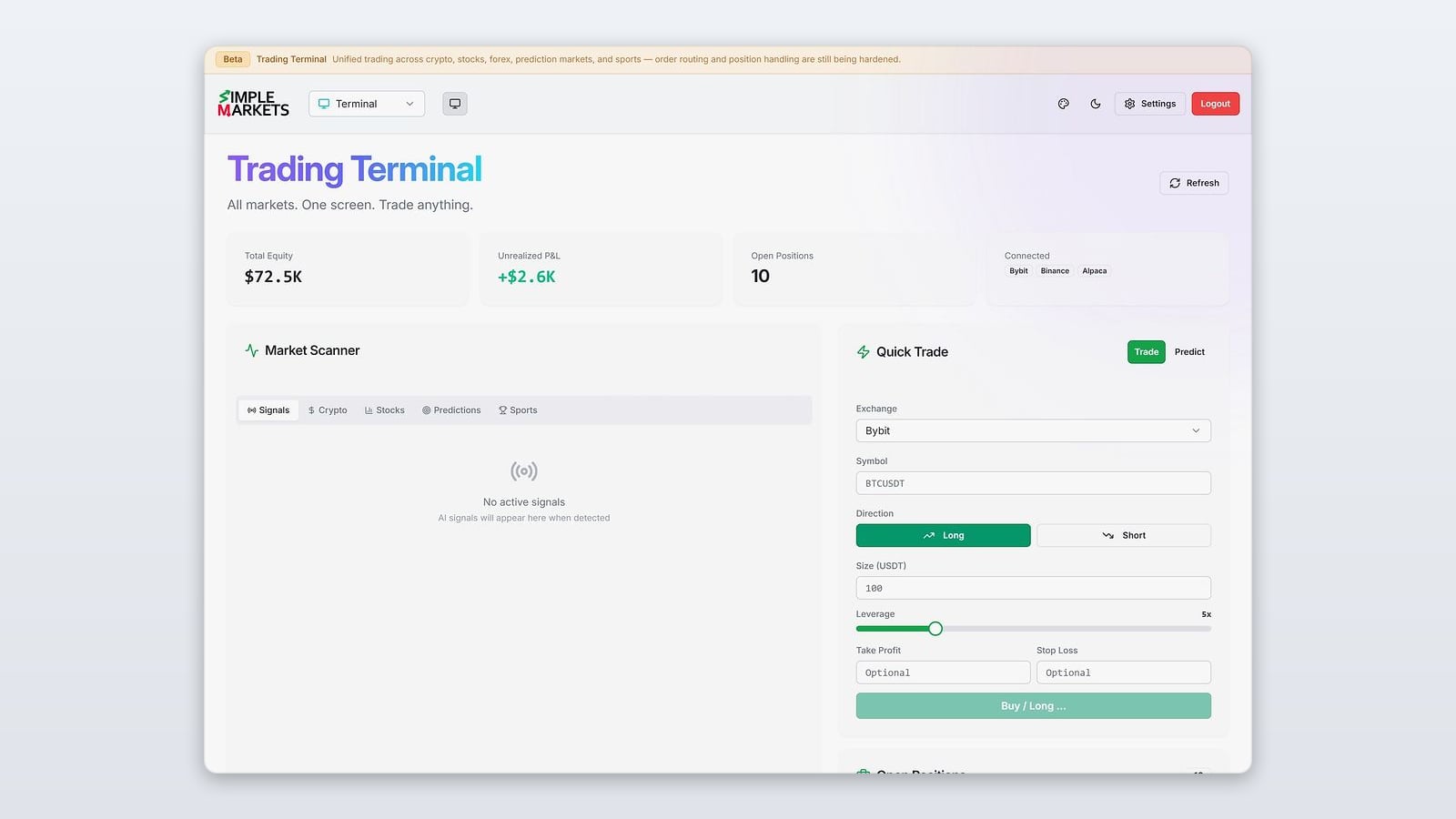 Trading Terminal in the SimpleMarkets app