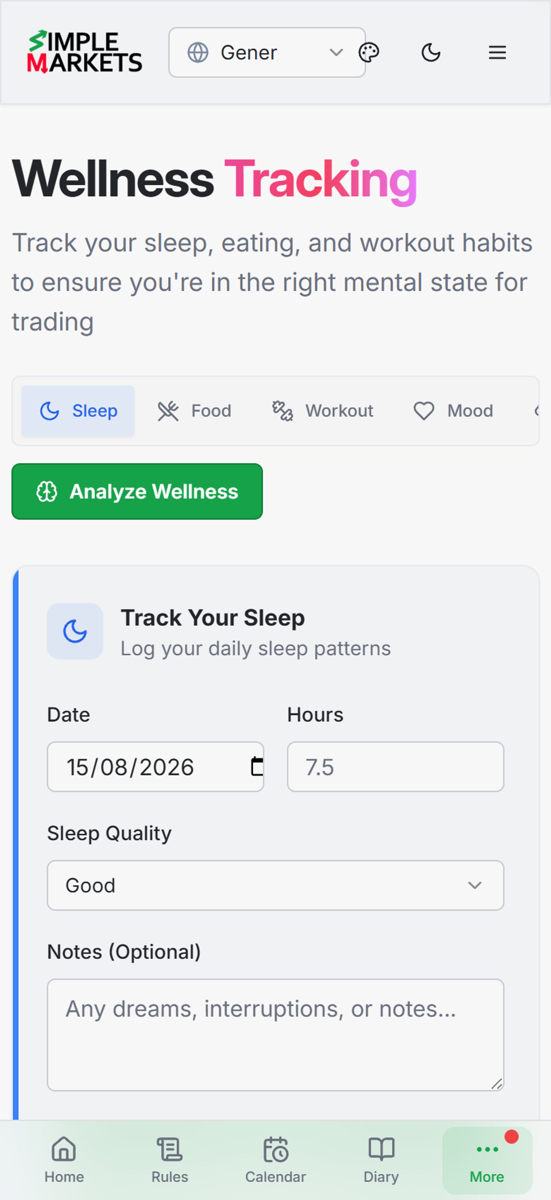 Wellness Tracking page for logging sleep, food, workouts, mood and screen time to stay in the right mental state for trading