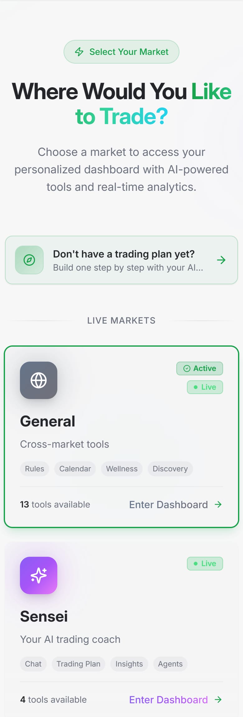 SimpleMarkets unified dashboard — pick a market (crypto, stocks, forex, sports, prediction markets) to open a personalized dashboard of AI-powered tools and analytics